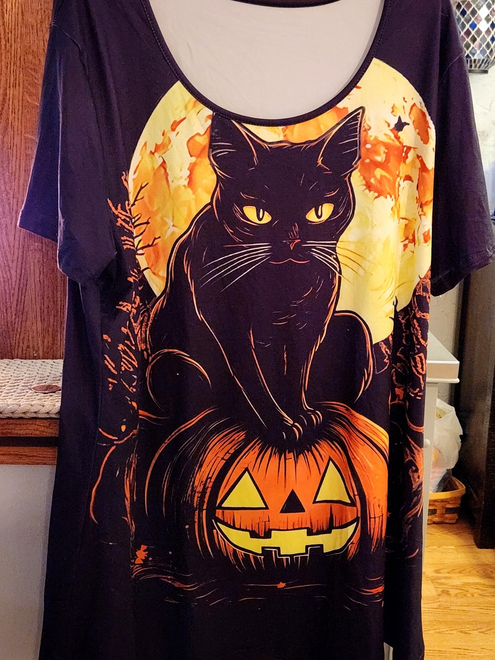 Black Cat Halloween Pet-Themed Shirt Dress - Black and Orange 4xlg